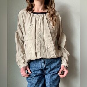 MEGAN PARK Embellished Button Down Pleated Top Blouse Size M